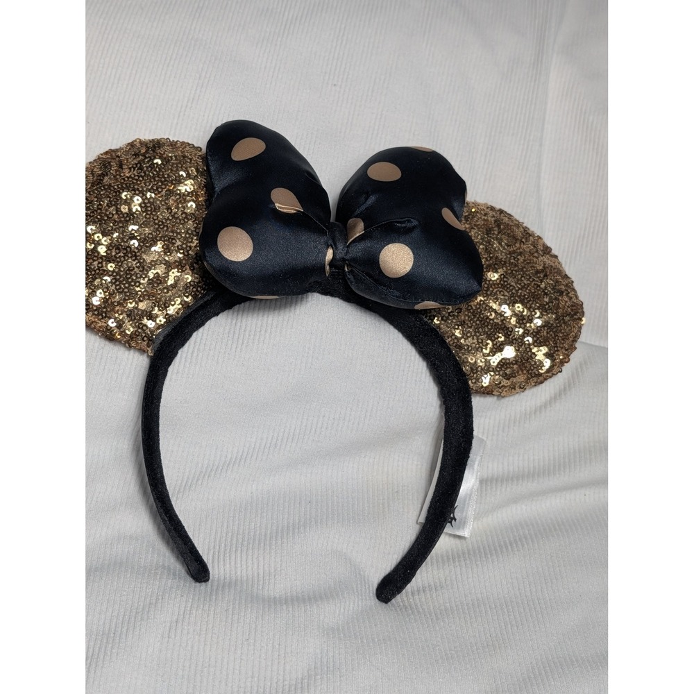 Disney Parks Minnie Mouse Ears Headband Gold Sequin Black Gold Polka Dot Bow
